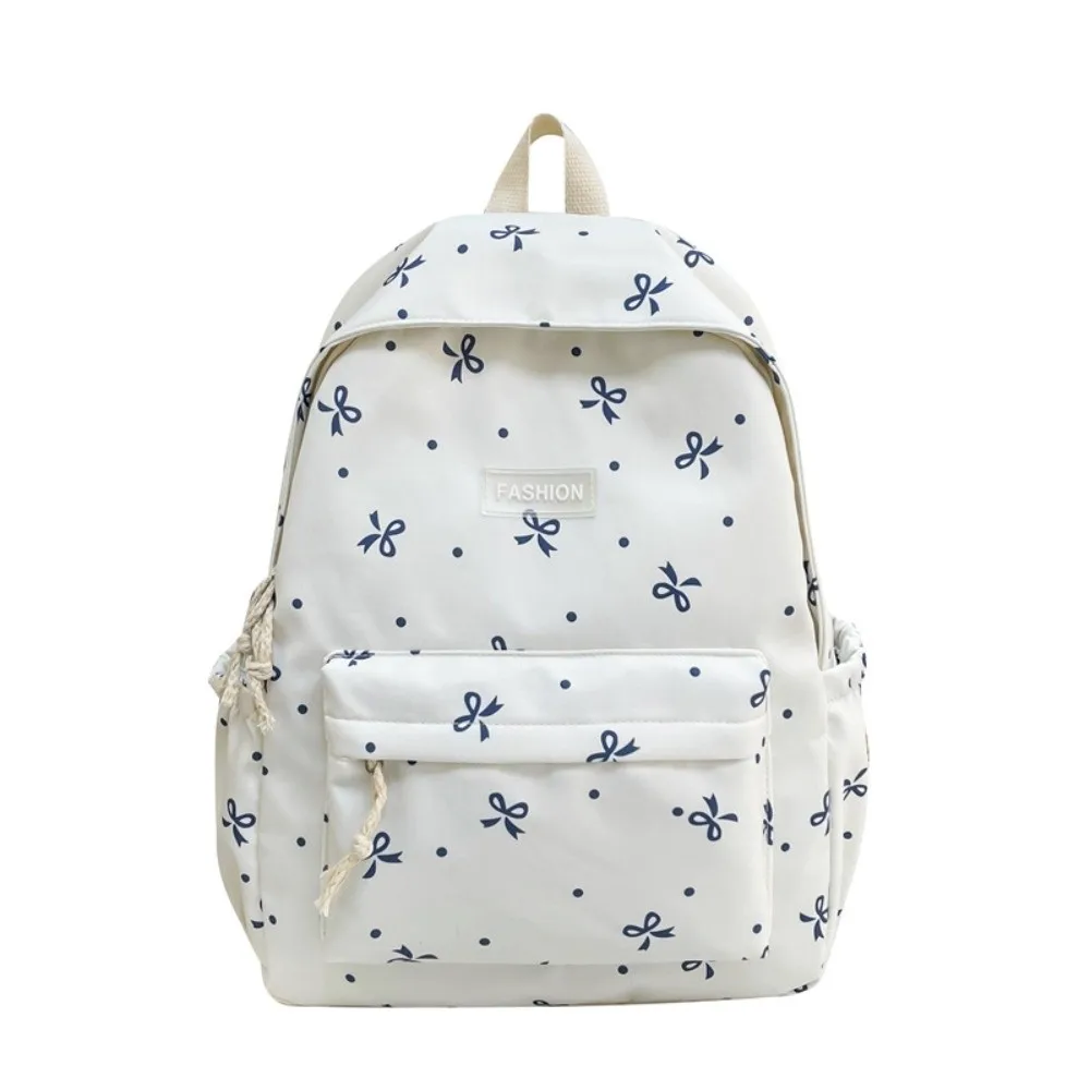 

Nylon Material Bow Print Backpack Adjustable Straps Quilted Design Large Capacity School Bag Reinforce Structure Multi-Pocket