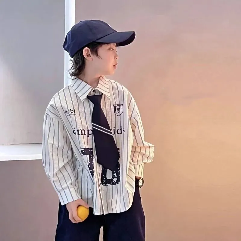 

Spring and Autumn Boys' Striped Shirt Long Sleeve Children's Retro College Style Shirt Coat 4 6 8 10 12Y
