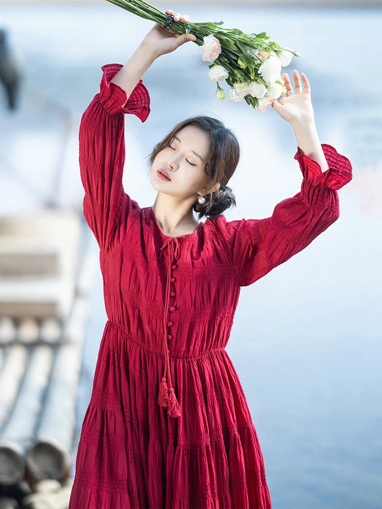 TIYIHAILEY Jesień Wiosna Damska Czerwona Sukienka Z Podszewką Długi Rękaw Maxi Damska Rozmiar S-L Vintage Wysoki Stan Biały Szeroki Dół 2025