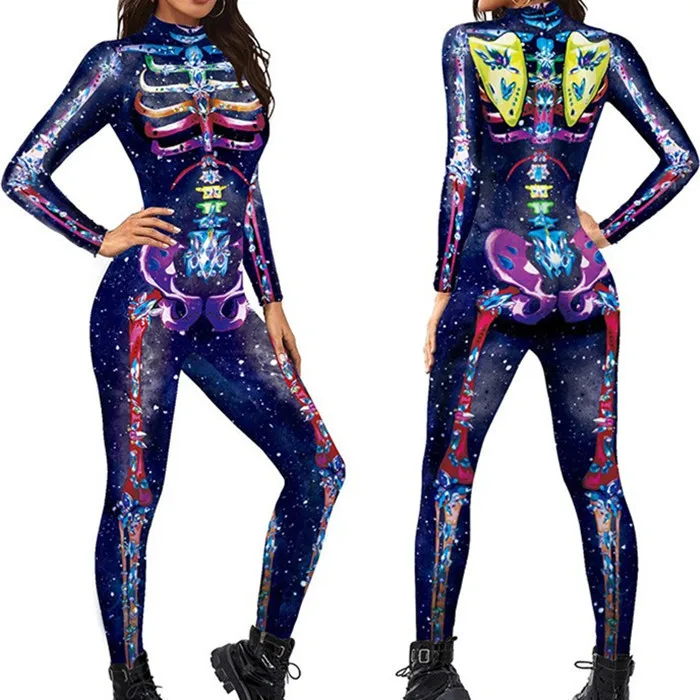 Damen Herren Karneval Cosplay Jumpsuit Skelett-Druck Halloween-Kostüm Fancy Party Catsuit Show Spandex Zentai Bodysuit Anzug – Detail 4