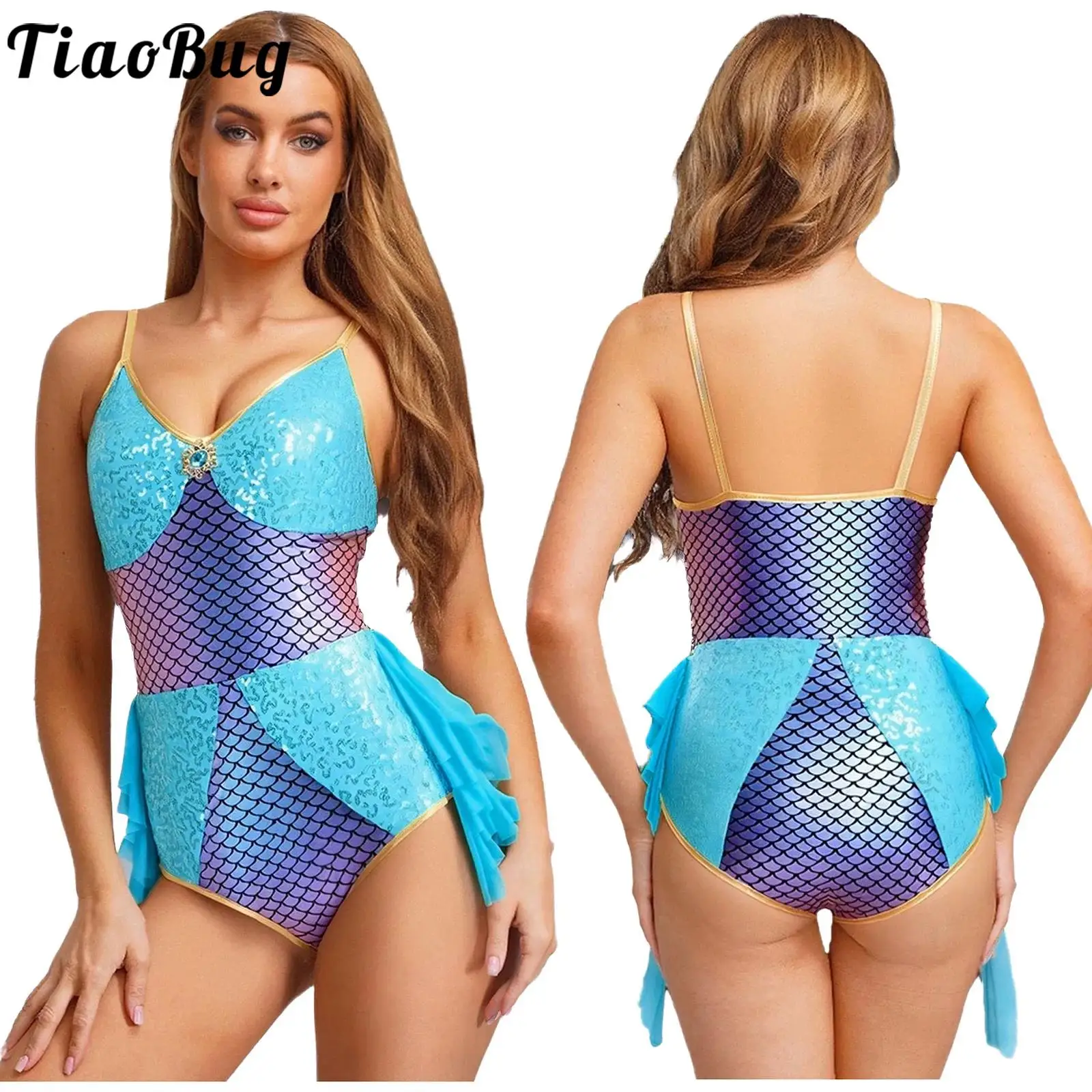 

Mermaid Costume for Women Halloween Fancy Dress Up Metallic Fish Scale Print Sleeveless Leotards Patchwork Ruffle Mesh Jumpsuit
