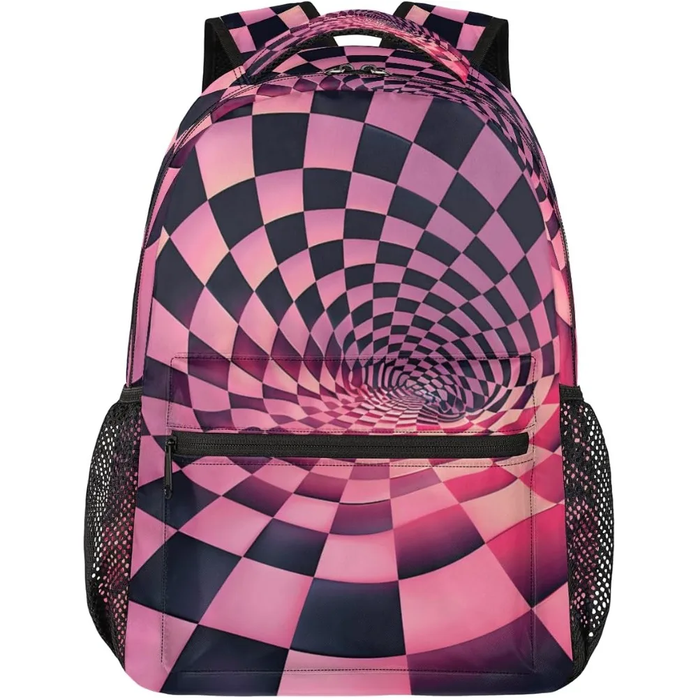 Black And Pink Checkerboard Travel Backpack 18 Inch For Women Men Water Resistant Shoulder Rucksack Daypack For Nurse Work