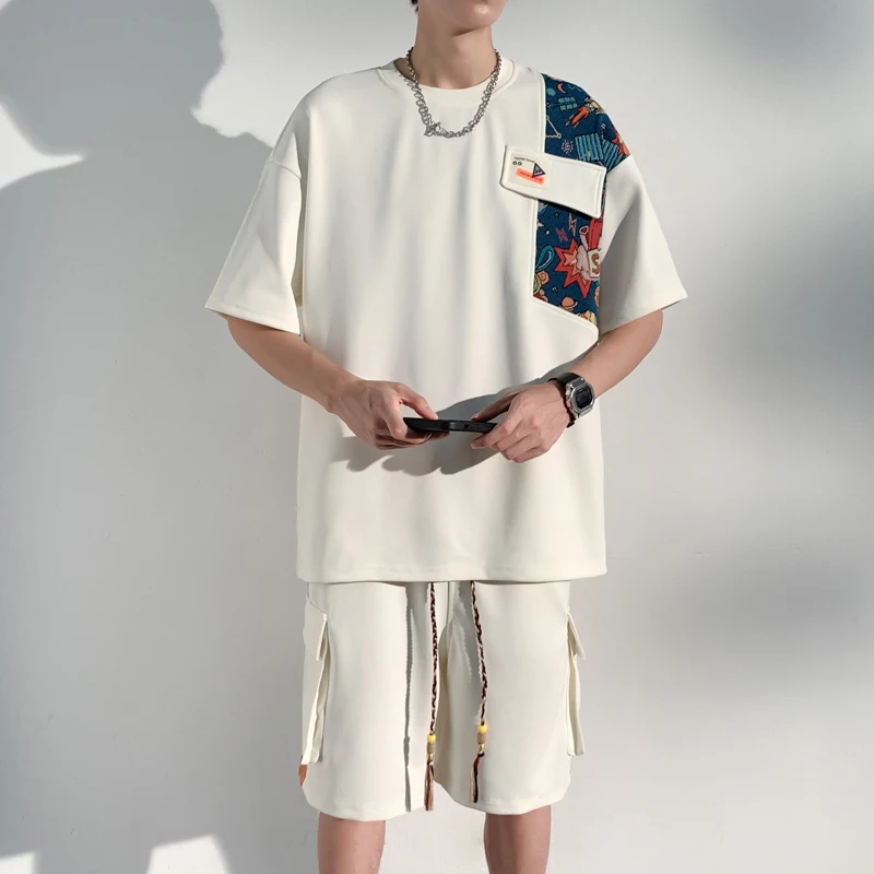 

Casual ort Sve T-irt Set for Men Summer Youth Baskeall Sle Trendy Student Faion Loose Fit Breathable Geometric P...