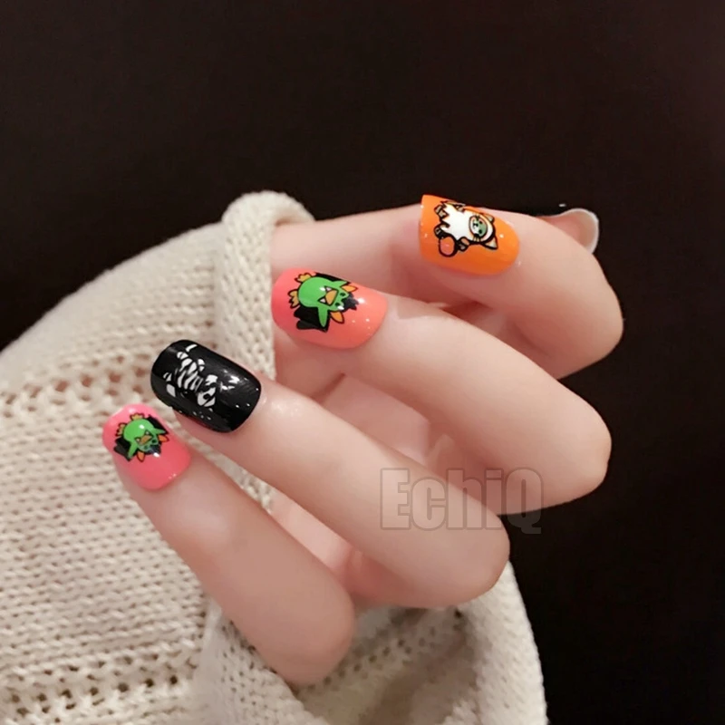 Bright Jump Color Cute Cartoon Pattern Fake Nail Pink Orange Yellow Purple False Nails Full Cover Tips