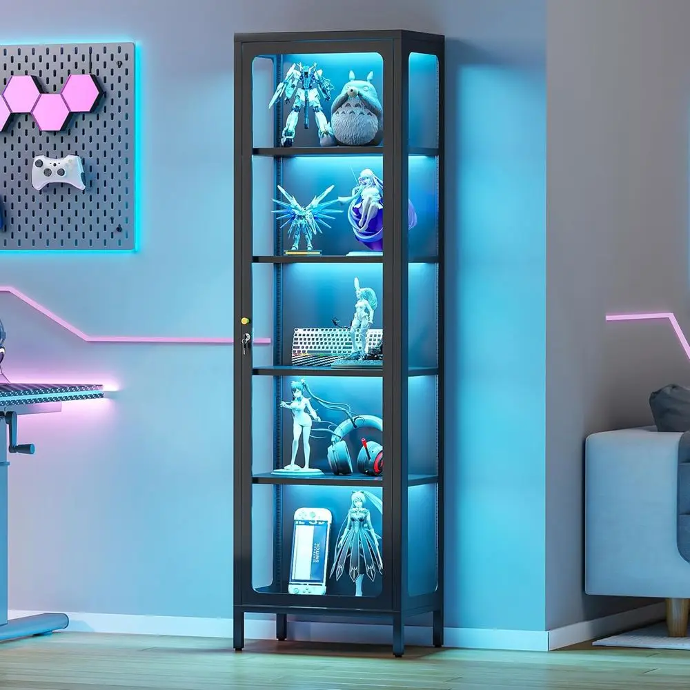 69 Glass Display Cabinet with Lock & 13-Color LED Lights, 5-Tier Metal Cabinet for Collectibles, Action Figures, Trophies (Black
