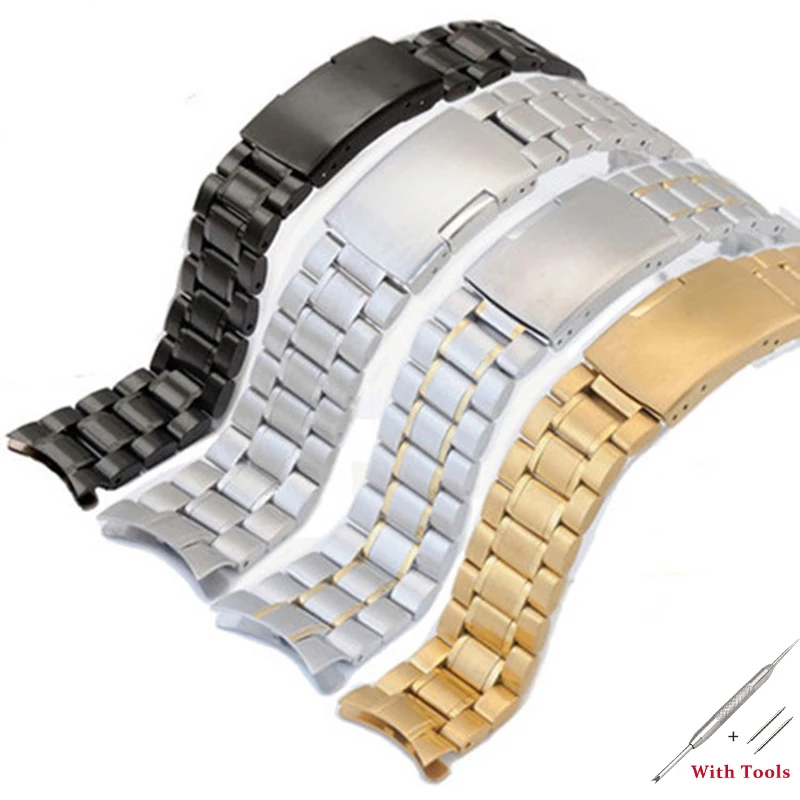 Solid Stainless Steel Watchband 16mm 18mm 20mm 22mm 24mm Curved End Universal Straps Folding Buckle Wrist Band Belt Accessories