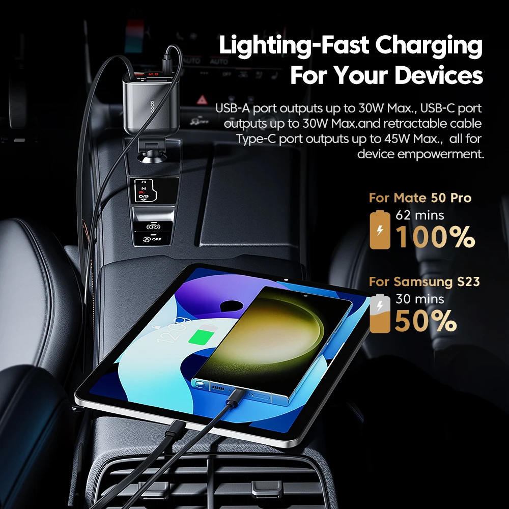 Toocki 105 واط شاحن سيارة قابل للسحب USB C البرق كابل PD 27 واط آيفون 16 15 14 13 سامسونج S24 S23 SFC2.0 اللوحي Xiaomi