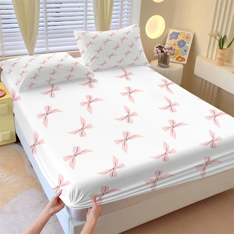 Girly Bright Red Ribbon Bow Fitted Sheet Set 3Pcs Coquette Mini Star Dot Bedding Clean Aesthetic Teen Home Decor All Sizes
