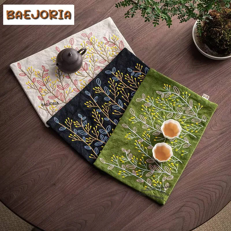 National Style Handmade Embroidery Canvas Tea Towel Zen Heat Insulated Pad Tea Napkins Household Tea Cloth Teaware Collection