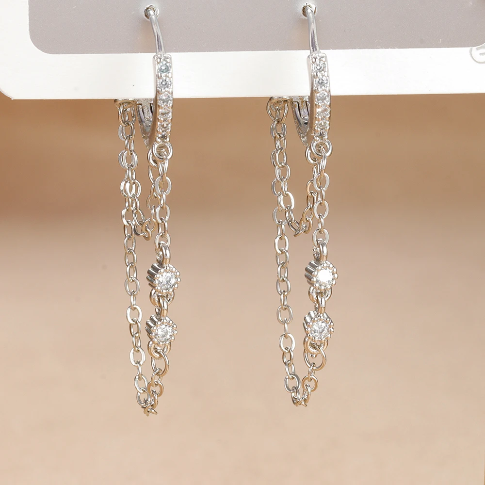 Women Stainless Steel Double Chain Hoop Earrings Crystal Tassel Earrings Fashion Party Wedding Jewelry Statement Gift