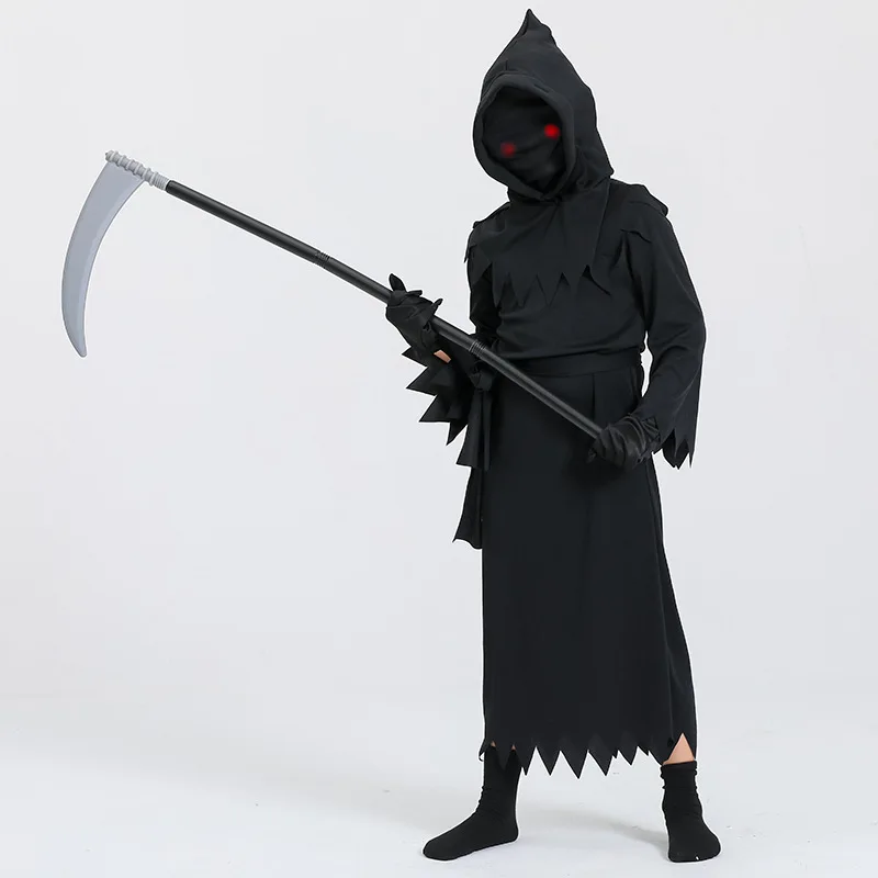 

Child Grim Reaper Cosplay Carnival Party Death Costumes Terror Sickle Robe Kids Halloween Night Devil Ghost Costume Red Eye Set