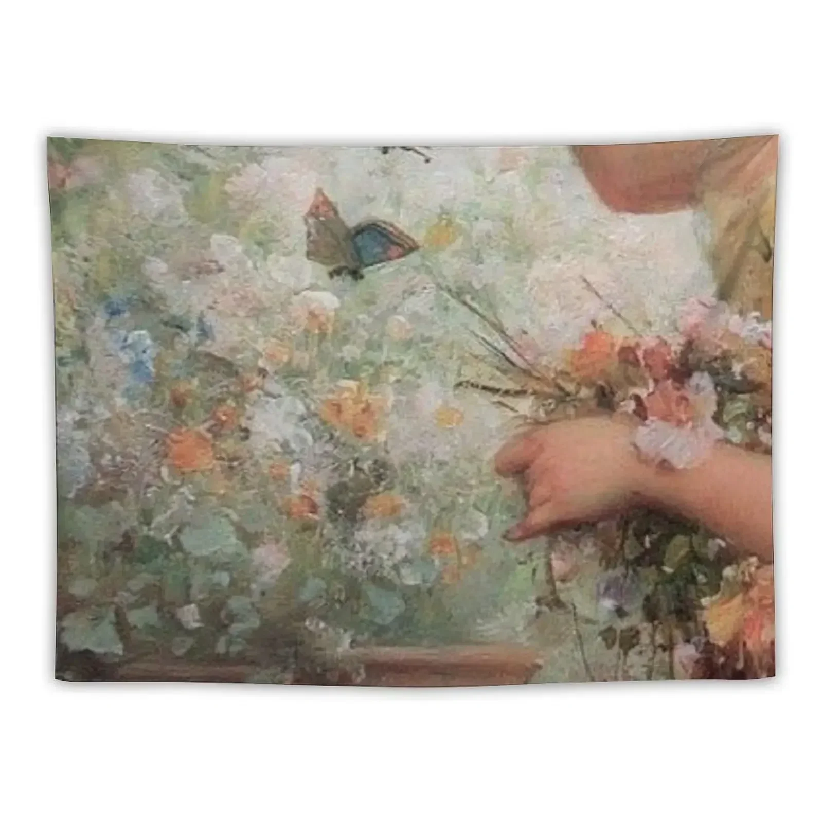 

a painting of a woman in a flower garden with 2 butterflies Tapestry Aesthetics For Room Wall Decor Hanging Tapestry