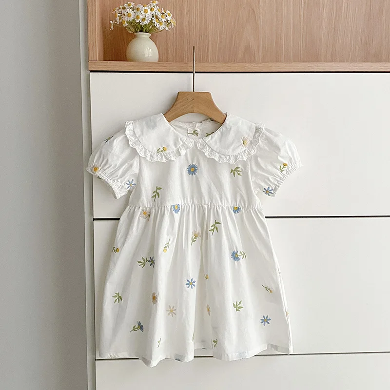2026 Girls Dress Korean Edition Summer New 2-6Yrs Cotton Embroidered Flower Short Sleeve Girls' Dress Cute Dress