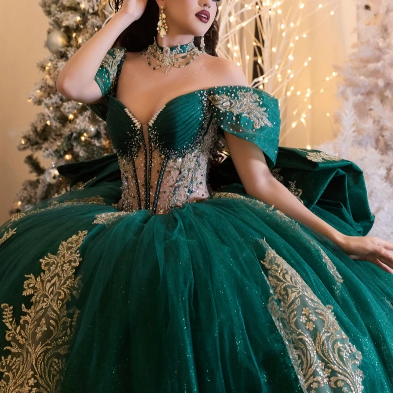 Vert foncé brillant Quinceanera robes hors de l'épaule or Applique dentelle perles arc princesse luxe doux 16 robe vestidos 15