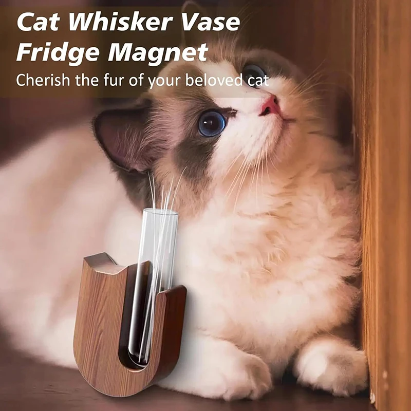 1pc Cat Whisker Vase Pet Whisker Vase Fridge Magnet Wooden And Glass Pet Hair Beard Collector Pets Souvenir Gift Home Decor