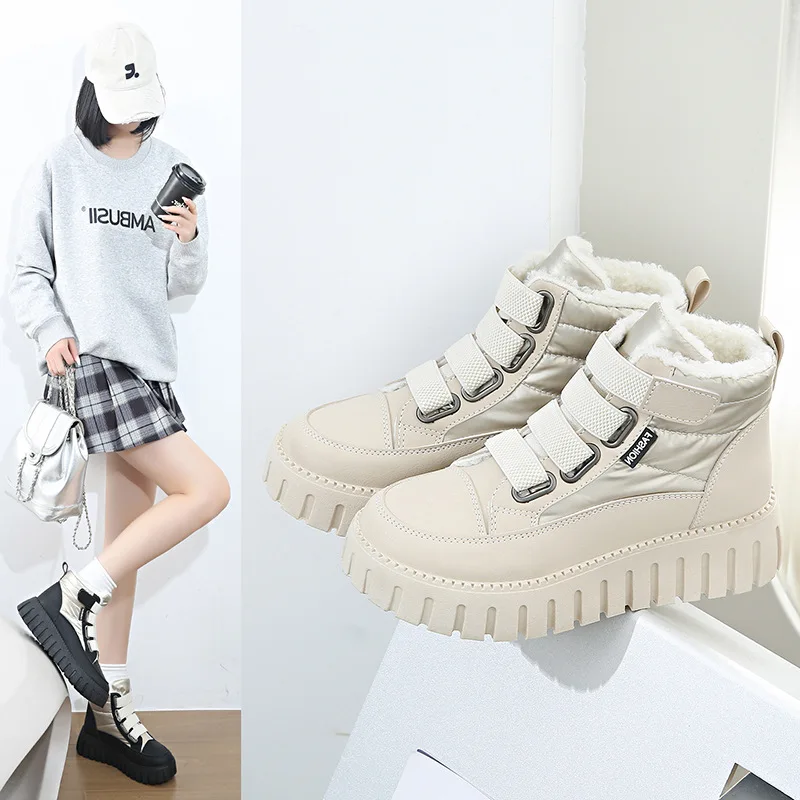 

Зимние ботинки на платформе для женщин, зимние бархатные теплые непромокаемые нескользящие хлопковые ботинки, повседневные женские кроссовки на толстой подошве
