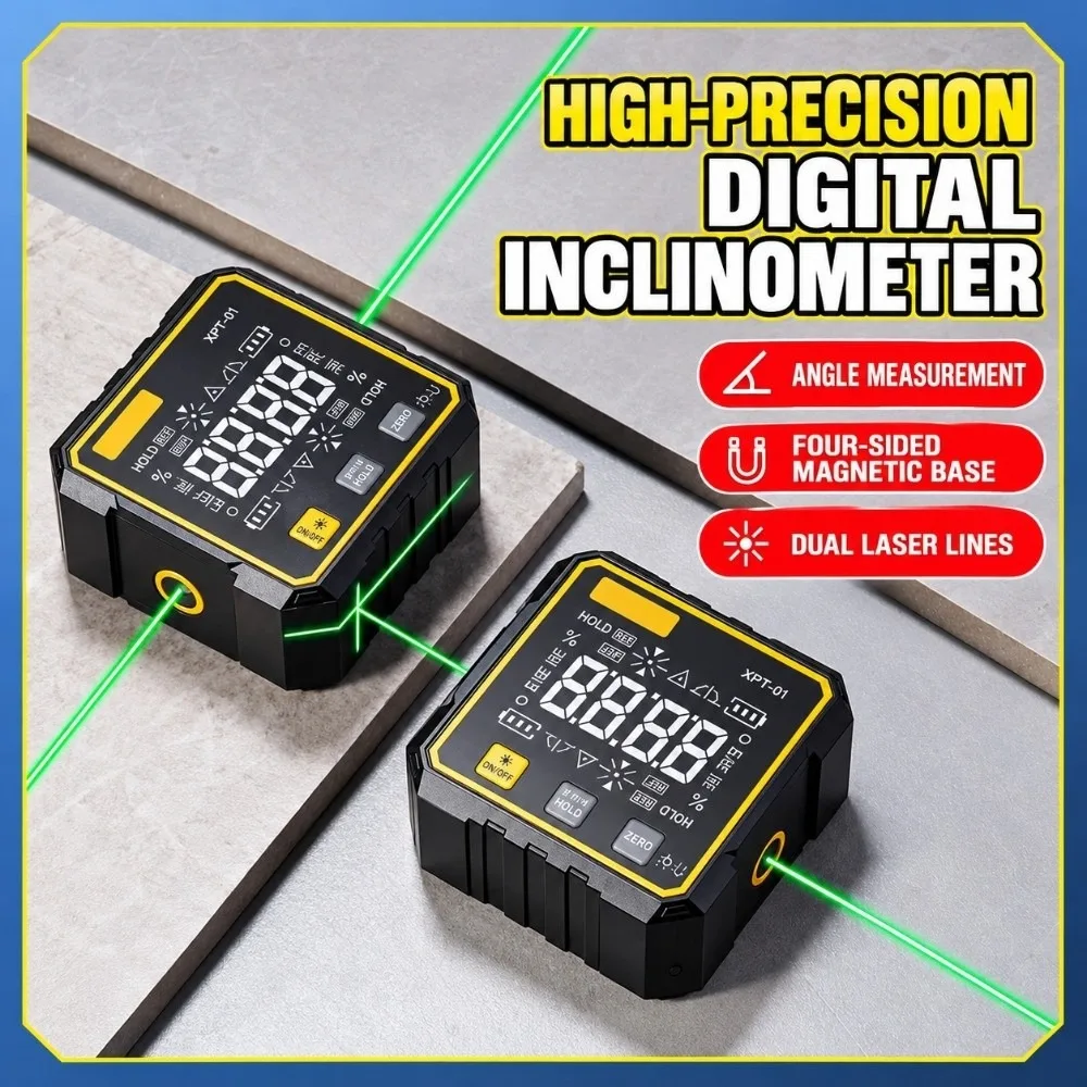 Dual Laser Cross Line Digital Inclinometer Four Side Magnetic Digital Display Laser Inclinometer Energy Save Data Lock