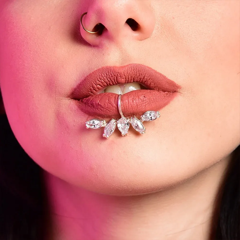 

INS Rhinstone Sexy Zircon Flower Lip Ring Non Piercing Fake Body Jewelry for Women Hip Hop Crystal Lip Nose Ring Septum Lip Stud