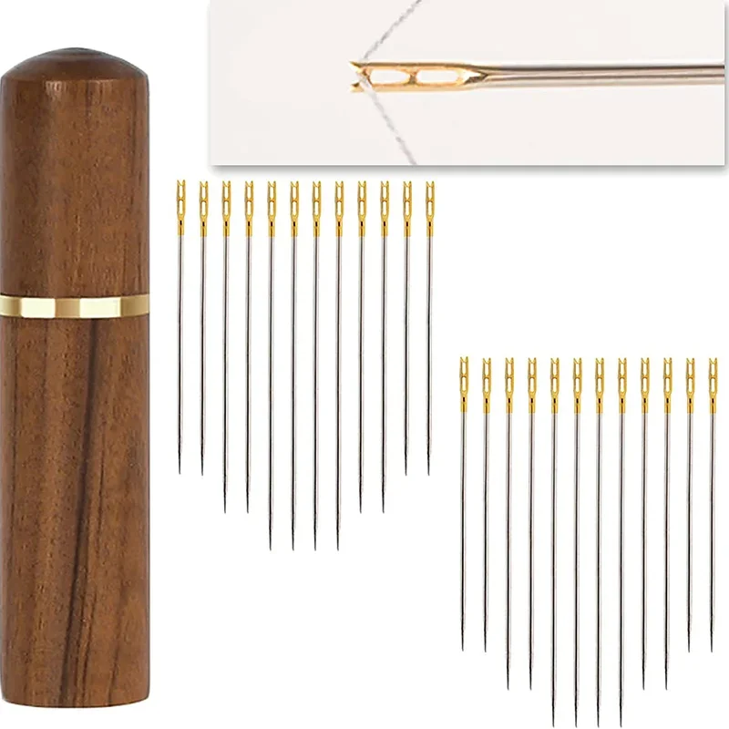 12/24 قطعة إبر الخياطة العمياء الخشب إبرة حالة المسنين الذاتي خيوط إبرة الجانب ثقب الفولاذ المقاوم للصدأ إبرة أدوات خياطة