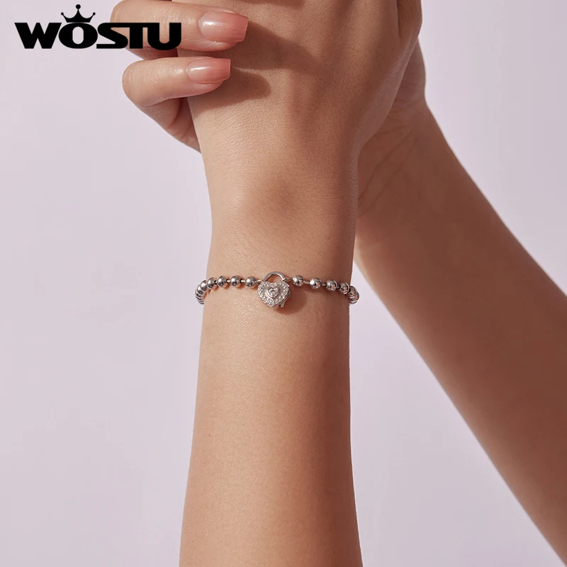 

WOSTU стерлингового серебра 925 пробы с замком в форме сердца, браслет с подвеской из бисера, базовая цепочка из белого золота, любовь для женщин, любовник, ювелирные изделия, подарок