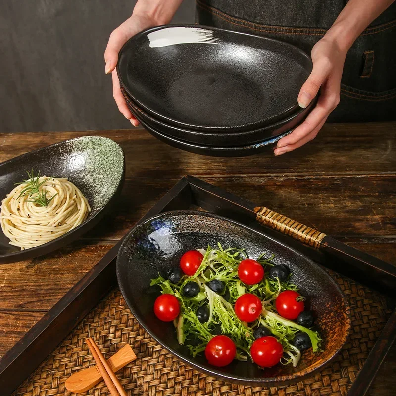 Japanese ceramic ingot bowl creative tableware special-shaped soup plate, irregular bowl oval salad