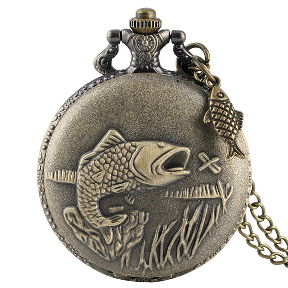 Vintage Bronze Fishing Pattern Quartz Pocket Watch, Design exclusivo, Colar Pingente, Relógio para Crianças, Relógio de Presente