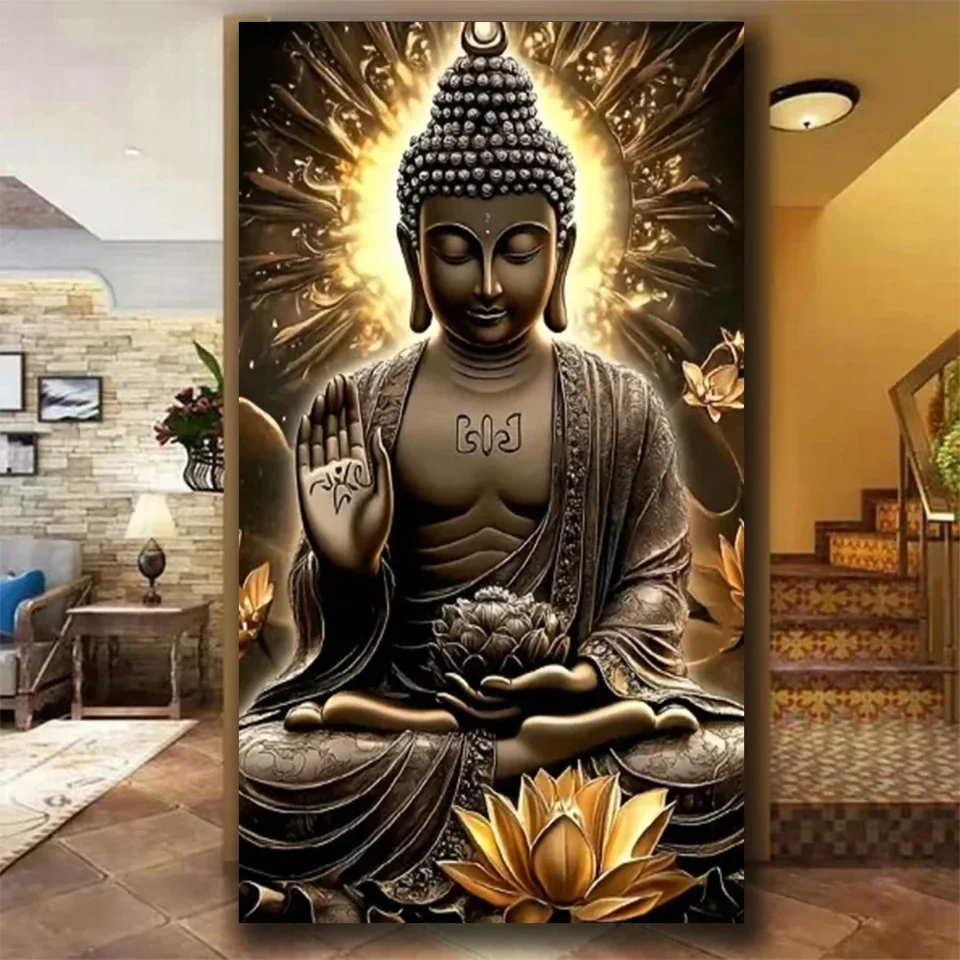 

White Gold Lotus Buddha﻿ Diamond Painting Full Square Round Diamond Mosaic Large Size Diy Embroidery Religion Theme Home Decor