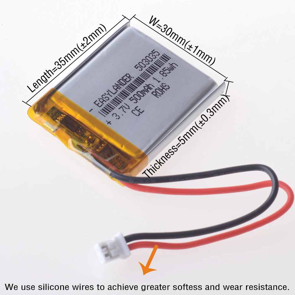 

Silicone Wires 503035 CE+Rohs JST2.0 2P 3.7V 500mAh Rechargeable Li-Polymer Li-ion Battery Lipo Batteries