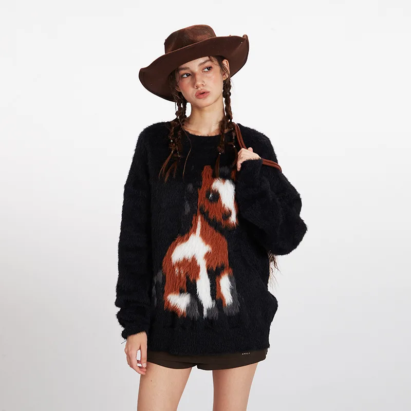 السنة الجديدة للحصان الخريف والشتاء الجديدة الموهير فضفاضة متماسكة سترة جولة الرقبة البلوز كسول ملابس خارجية سترة