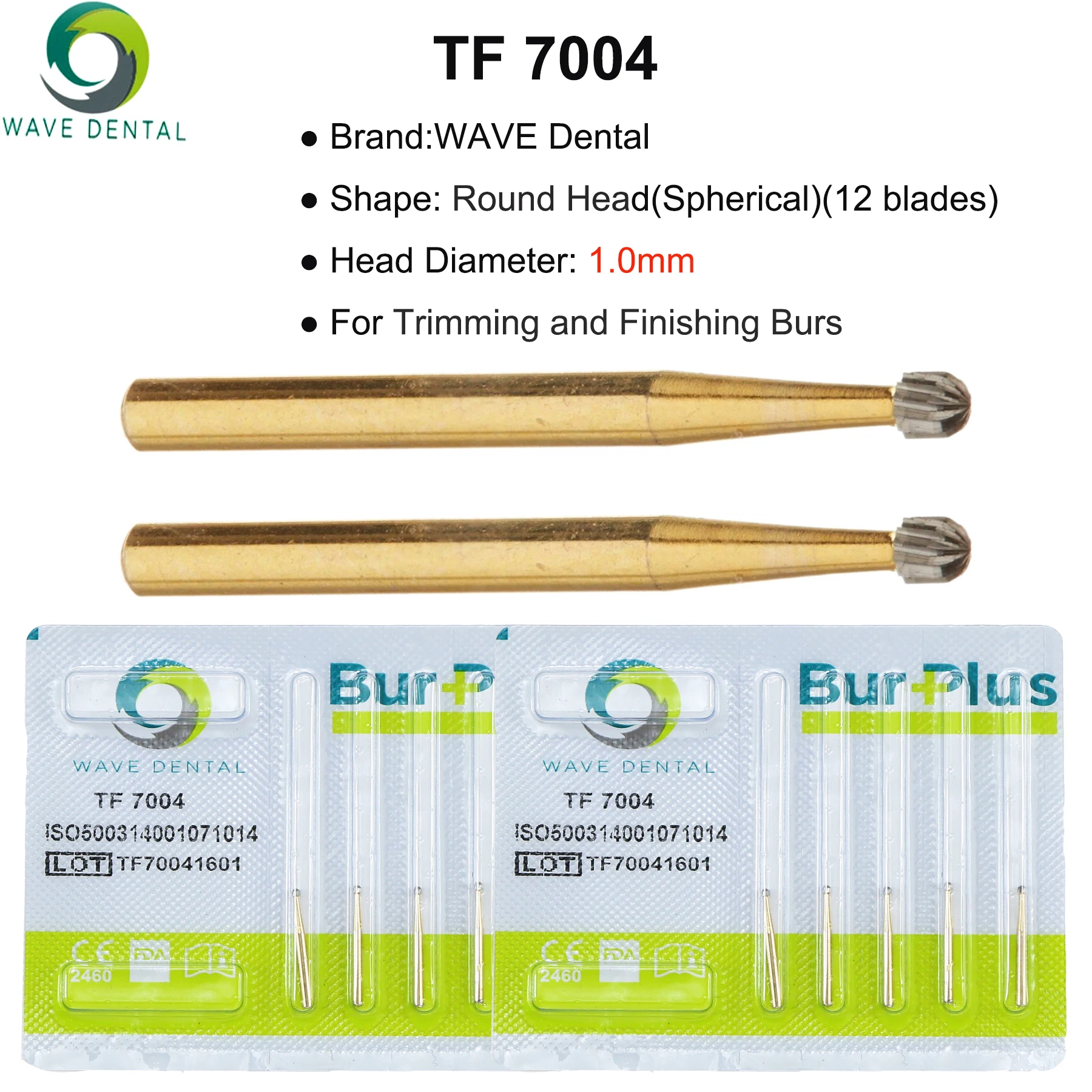 WAVE Dental Burs Tungsten Carbide Burs Gold Plated Trimming and Finishing 12 Bladed T Series For High Speed Handpiece 5pcs/Pack