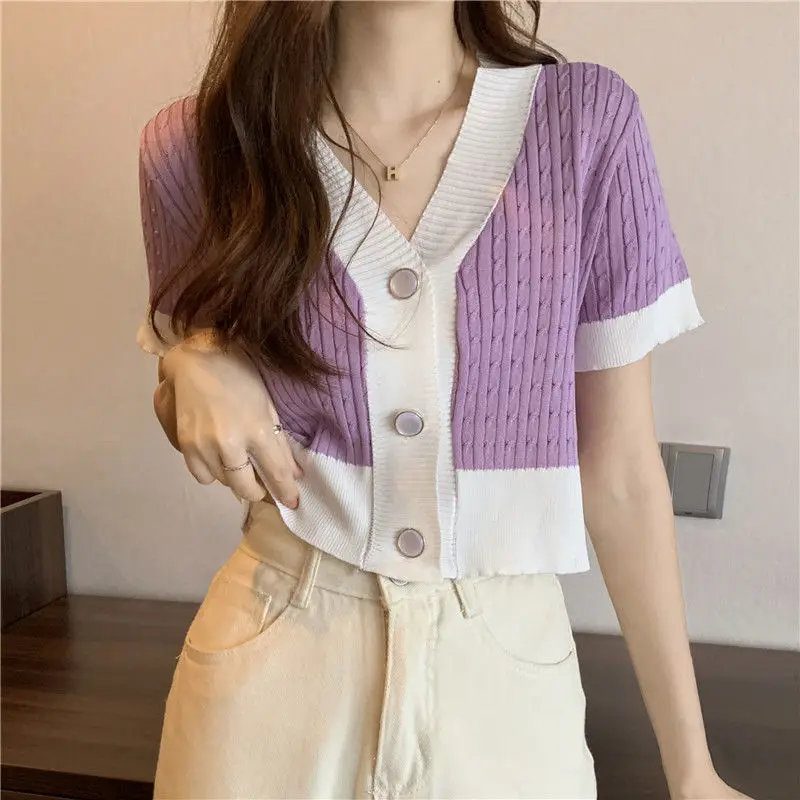 Vrouwen Button Up Korte Mouw Gebreide Top Colorblock V-hals Ingericht Crop Gebreid Vest Zomer Koreaanse Mode Tiener-meisje Outfit