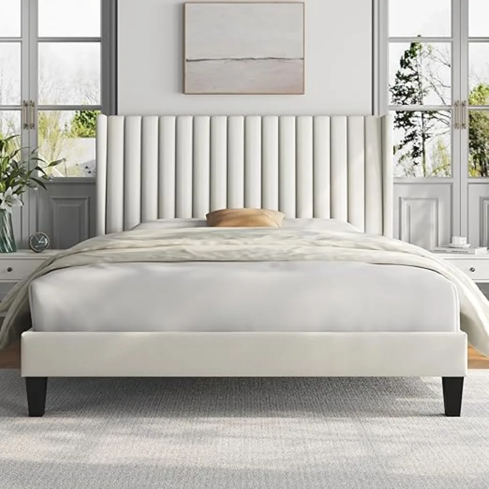 Bed Frame Upholstered Platform Bed with Fabric Headboard, Wing Edge Design/Non-Slip and Noise-Free/Wooden Slats Support