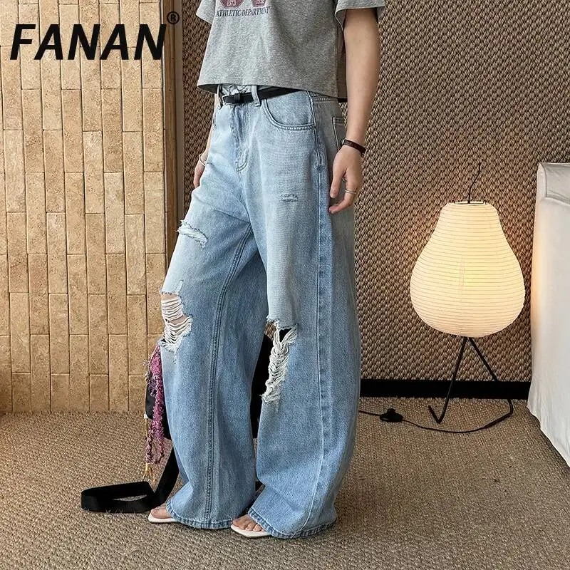 

Летние новые джинсы FANAN в корейском стиле, модные, уличные, с эффектом потертости, рваные, прямого кроя, свободные, для женщин, винтажные джинсовые брюки