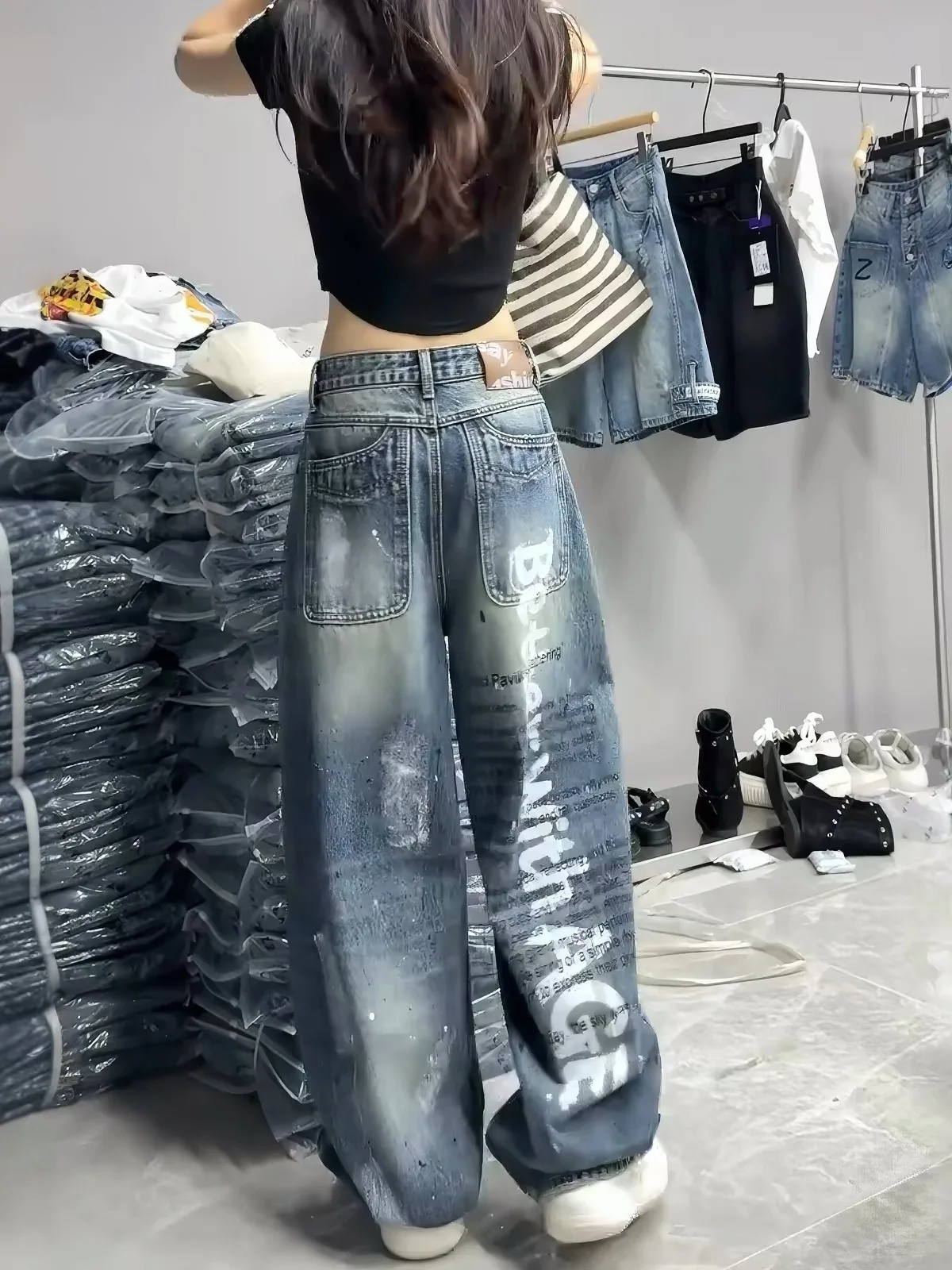 American Graffiti Print Loose Wide Leg Knife Jeans for Pear Shaped Body Slimming Long Trousers High Waist Denim Casual Pants