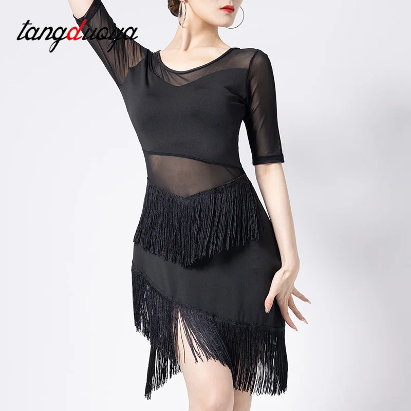 Women Competition Dance Clothes Set Half Sleeves Fringe Salsa Dresses Ballroom Ladies Latin Dress Ballroom tango Cha Cha Rumba