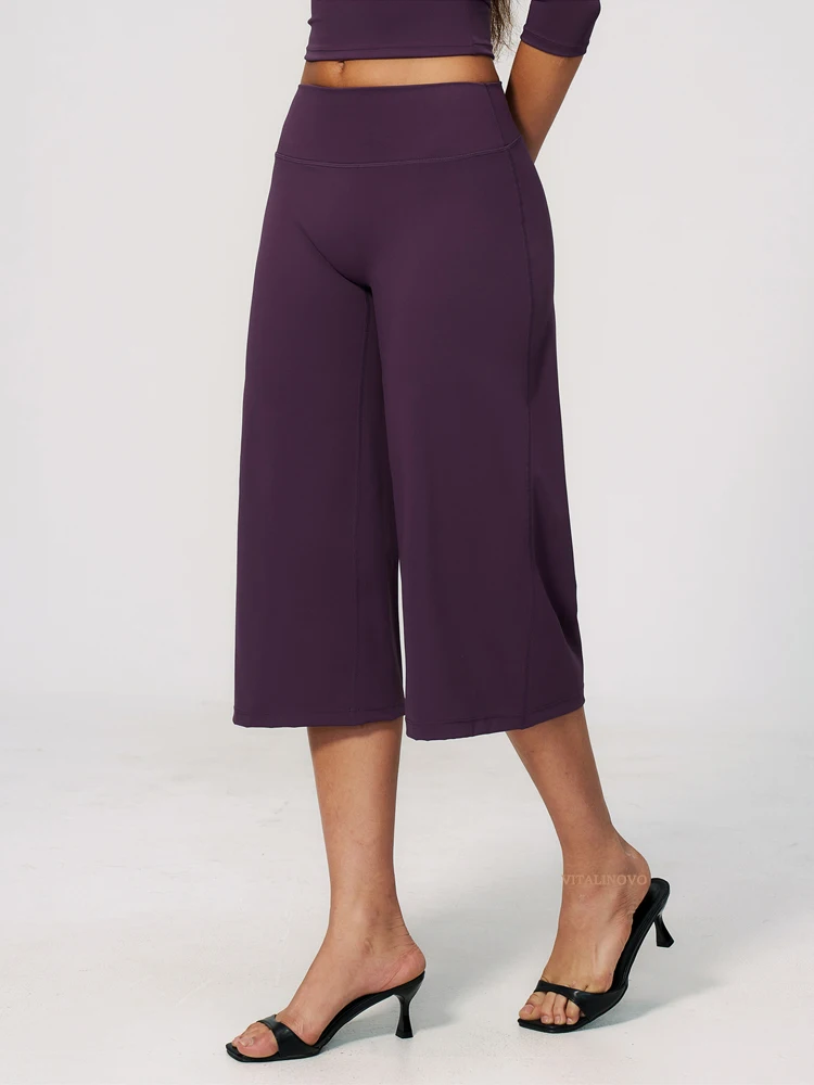 Women's Capri Pants with No Pockets High Waist Yoga Pants Wide Leg Workout Summer Pants Ultra-Soft Loose Capri Open Bottom Pants