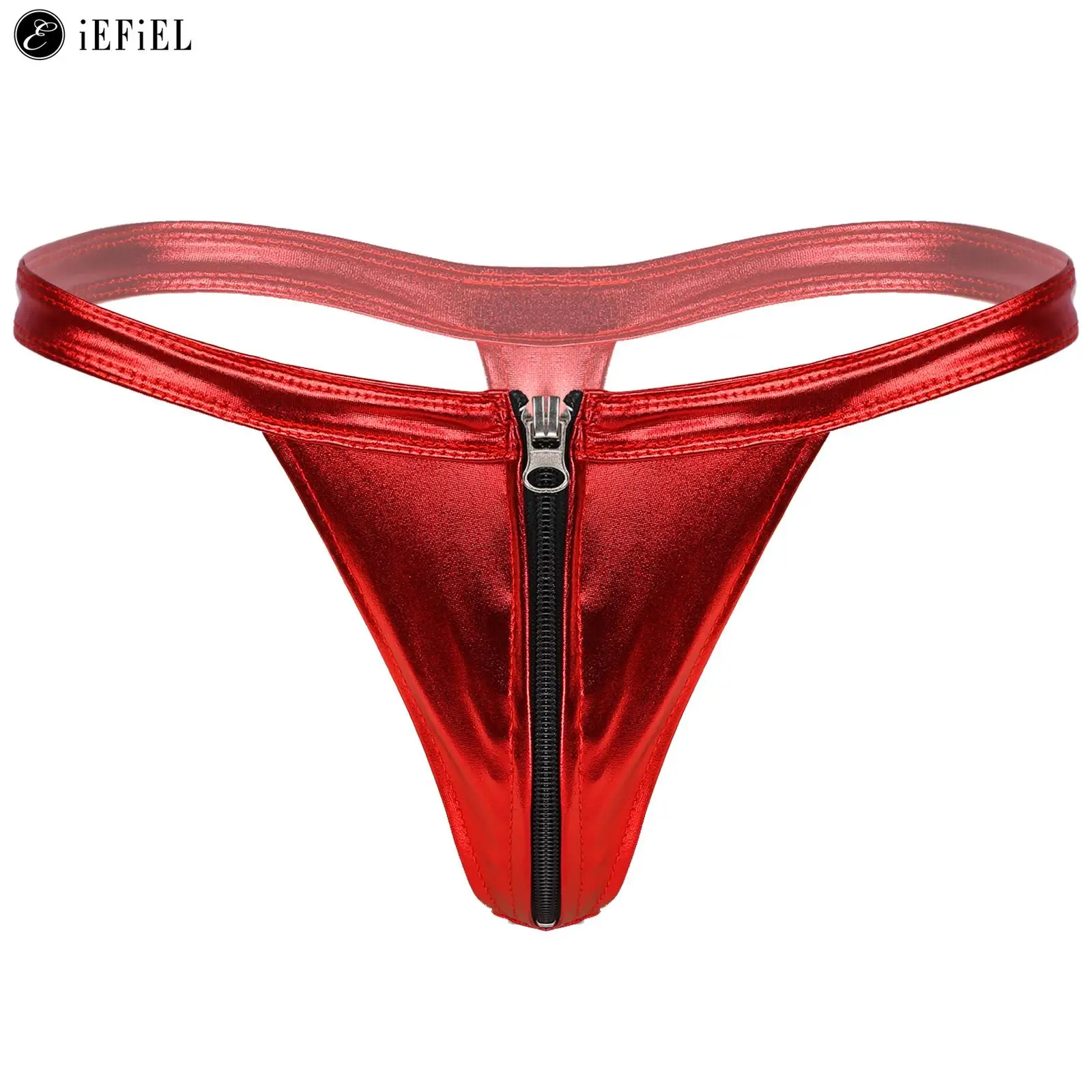 Men\'s Shiny Metallic Front Zipper G-String Thong T-Back Jockstrap Low Rise Bulge Pouch Bikini Briefs Sexy Underwear Lingerie