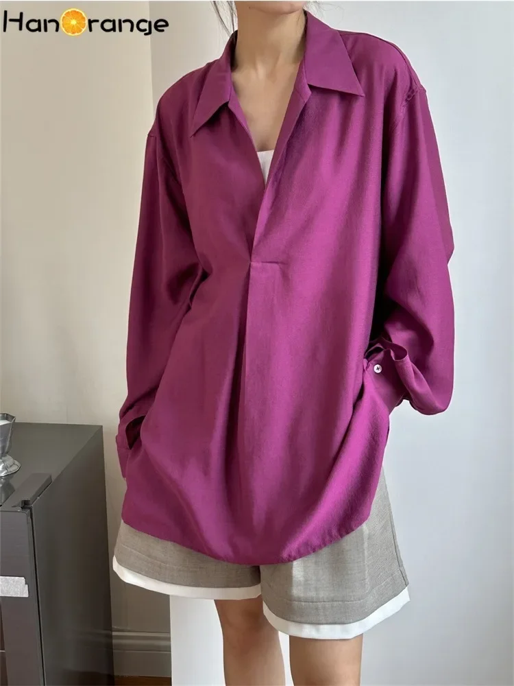 

HanOrange 2025 Summer Lazy Relaxing V-neck Silhouette Shirt Women Cool Comfortable Casual Top White/Grape Purple