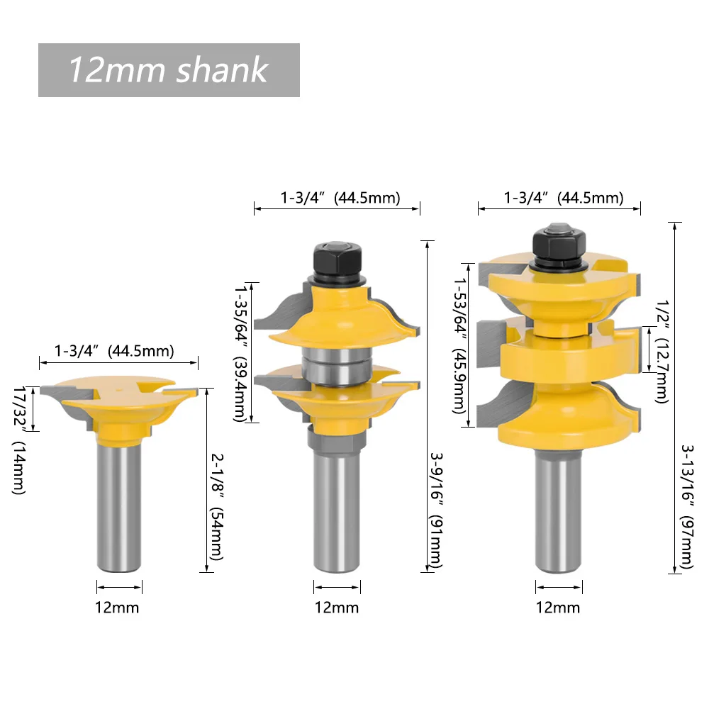 3Pcs 1/2 Handle Woodworking Milling Cutter Doorframe Tenon Joint Knife Carving Machine Milling Cutter Cutter Power Tools