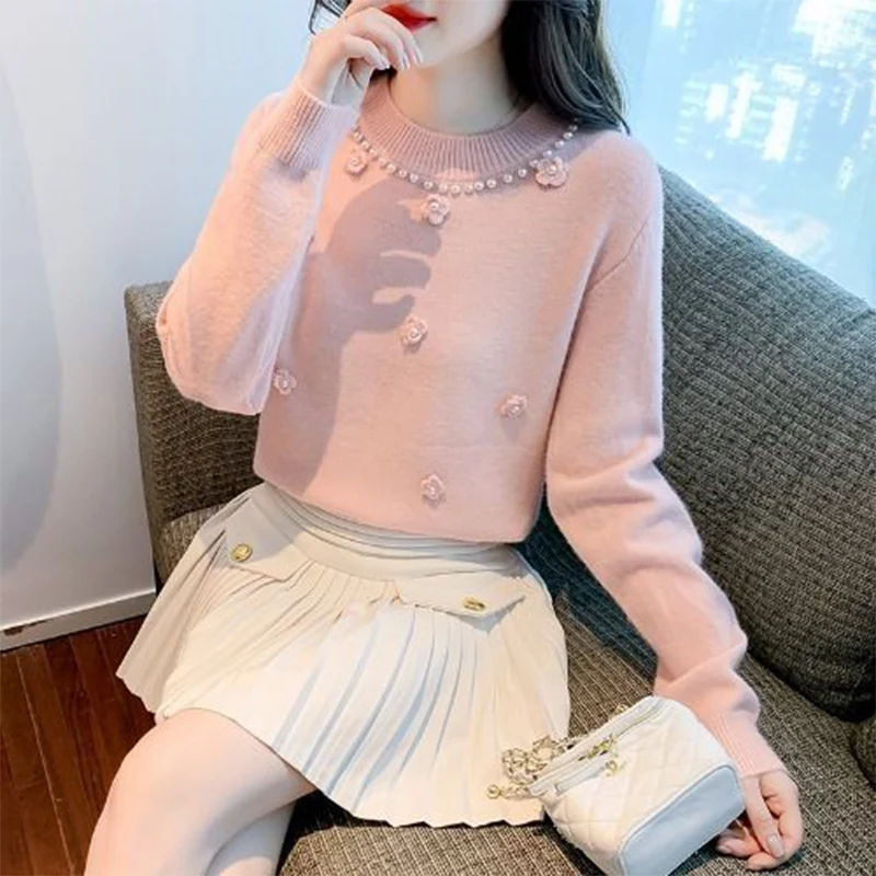 Autumn Winter Round Neck Sweet Beading Casual Jumpers Ladies Solid Color Simple All-match Patchwork Knitting Top Women Sweater