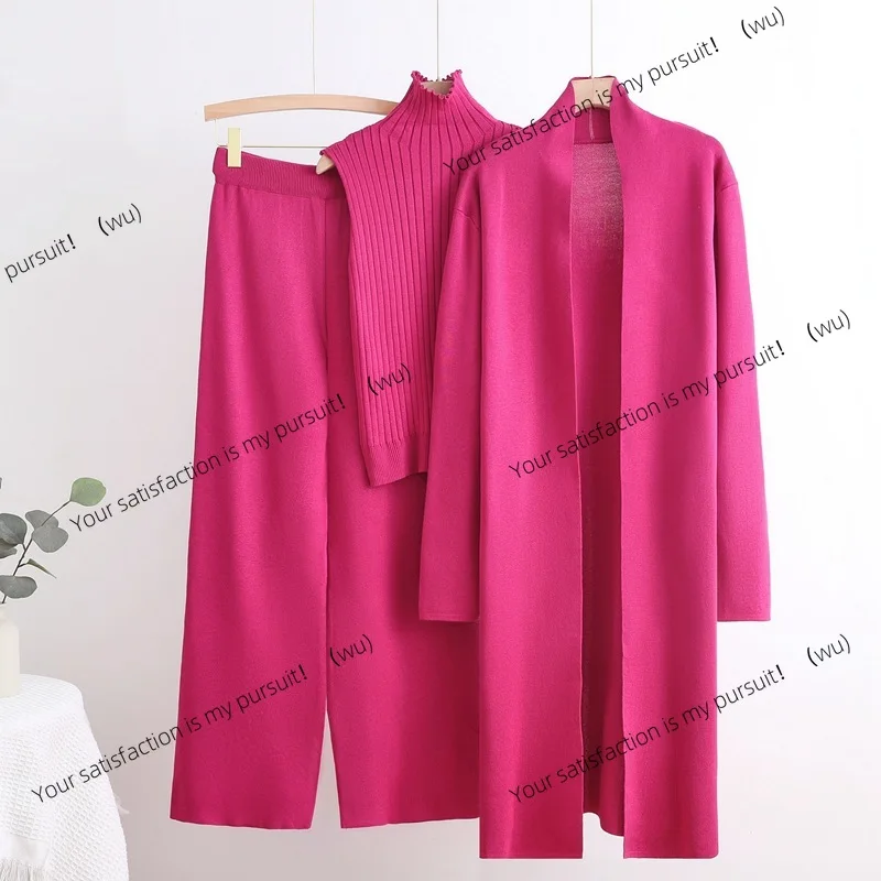 

Осенне-зимняя длинная ветровка Muse Fan, внутренний жилет с высоким воротом, свитер с эластичной резинкой на талии, широкие брюки, вязаный комплект из трех предметов