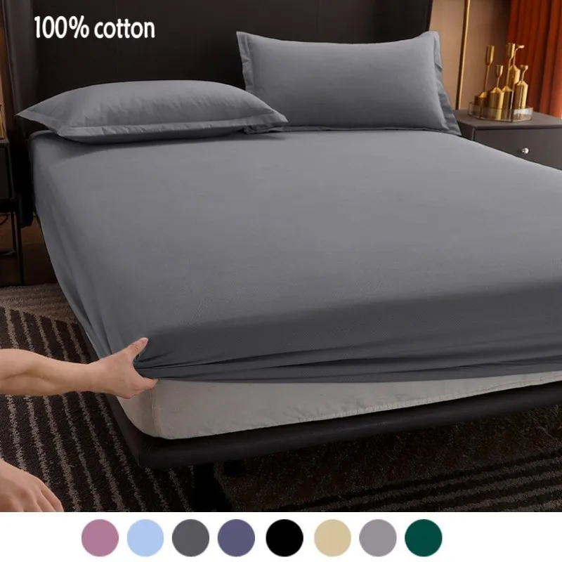 Breathe 100% Cotton Fitted Sheet with Elastic Band Solid Non Slip Adjustable Mattress Covers for Single Double Queen 160cm Bed