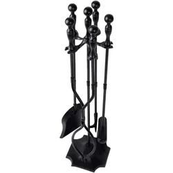 GARDEN & HOME 5 Pcs Fireplace Tools Sets Black Handle Wrought Iron Large Fire Tool Set and Holder Outdoor Fireset Stand Rustic