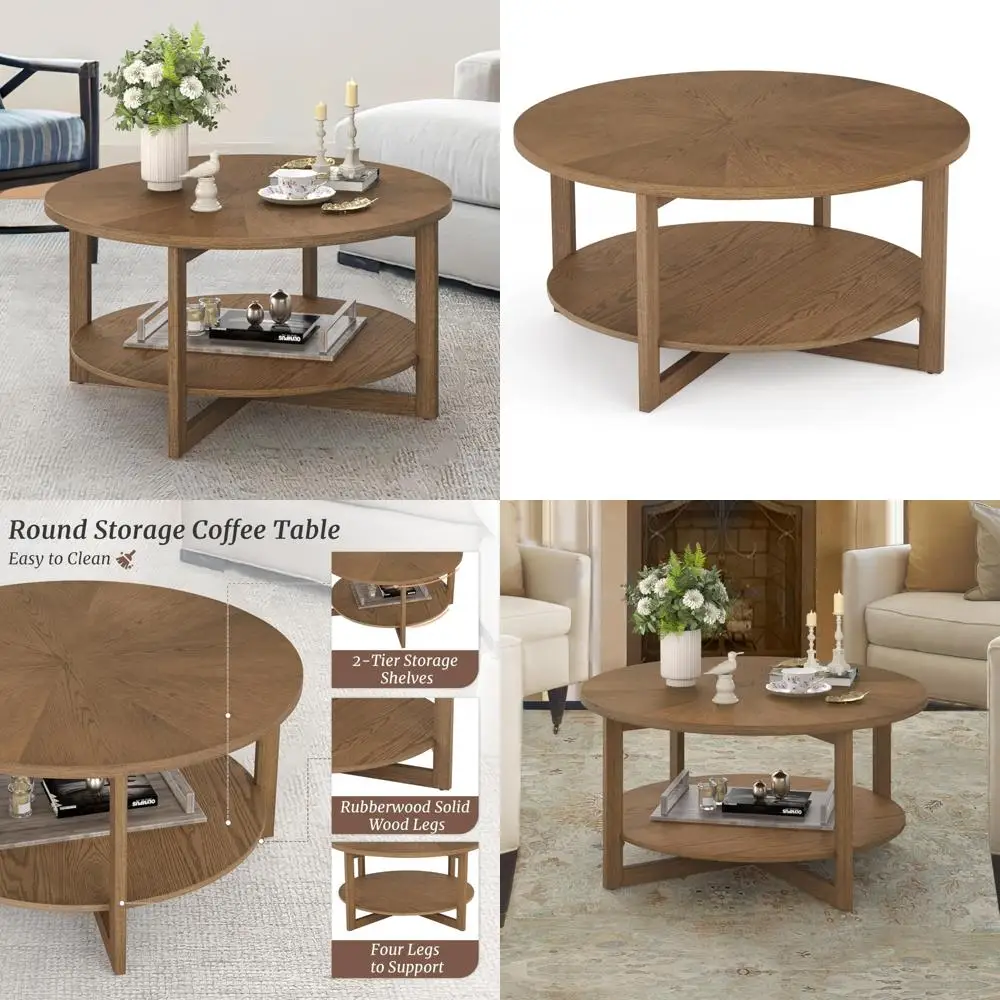 

Rustic Modern 35 Circle Coffee Table with 2-Tier Storage Shelf for Living Room, Dark Wood