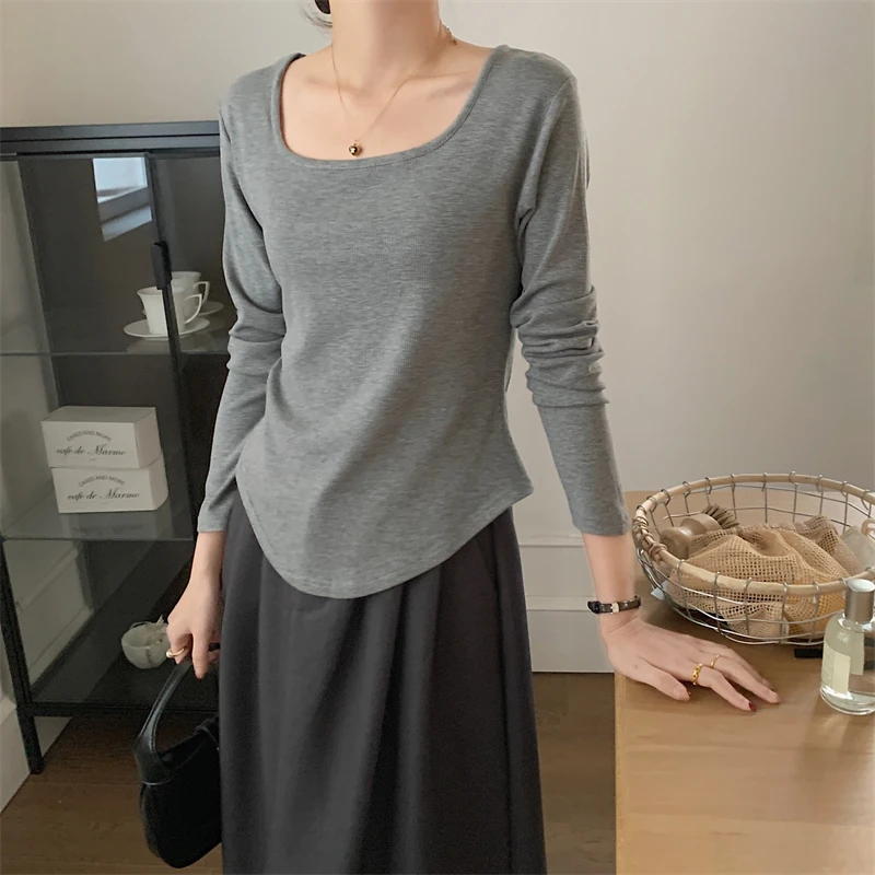 

Design Sense U-Neck Base for Women, Autumn and Winter Slim Fit Unique T-Shirt Long Sleeve Top
