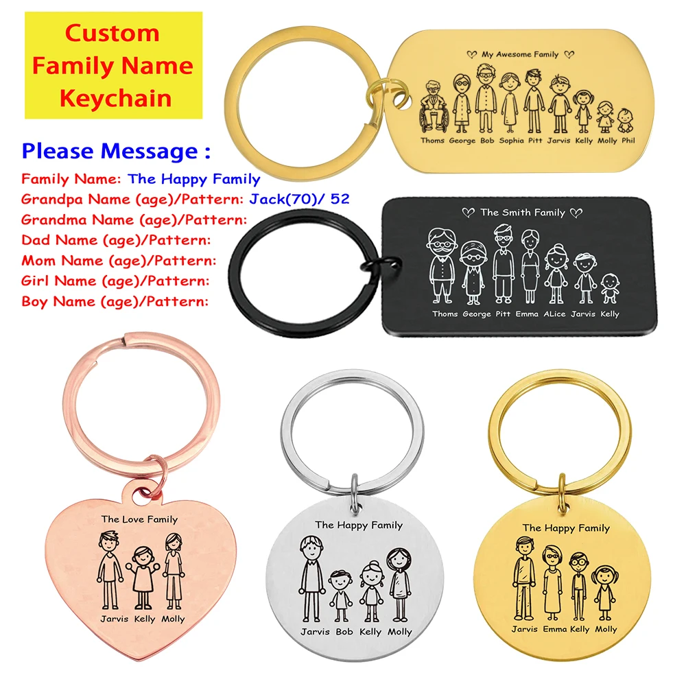 Personalized Family Keychain Engraving Dad Mother Kids Name Custom Parents Families Member Keyring Key Chain Ring Holder Gifts