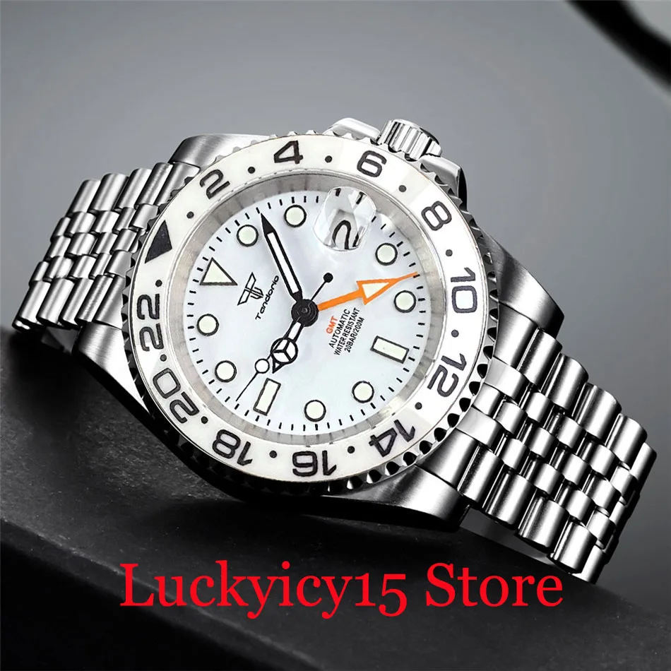 Tandorio 200m Waterproof White Dial Luminous Marks 40MM NH34A Automatic GMT Mechanical Men Watch Steel Brushed Jubilee Bracelet