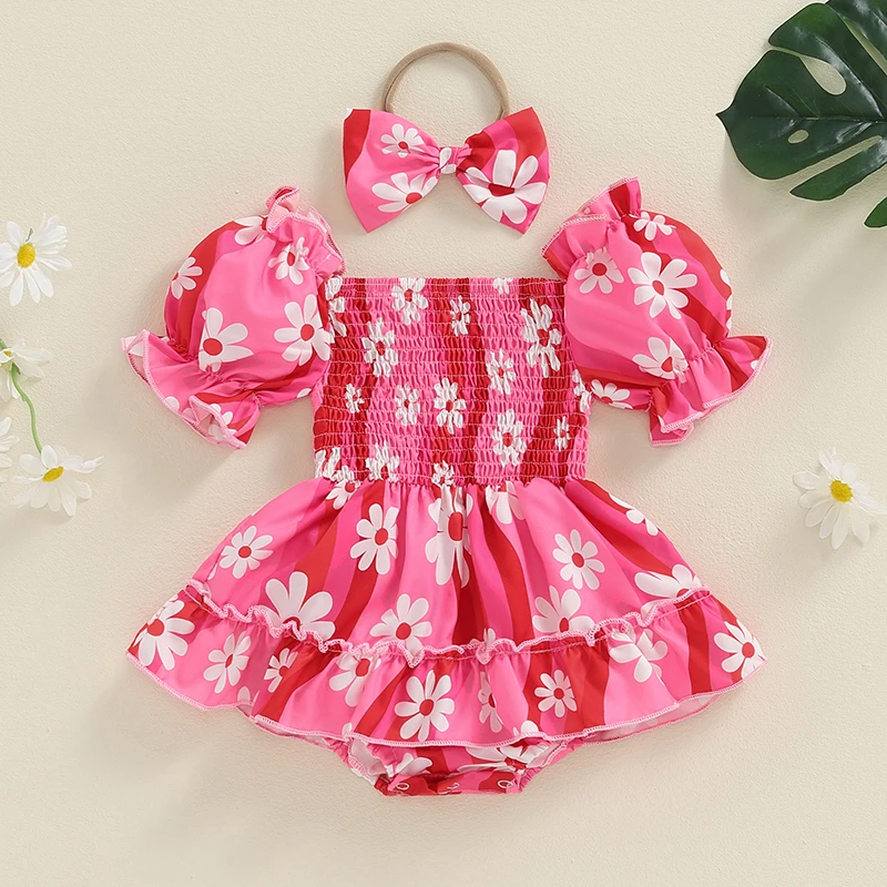 Tregren 0-18M Newborn Baby Girls Summer Romper Dress Short Sleeve Elastic Neckline Daisy Print Infant Bodysuit with Headband Set