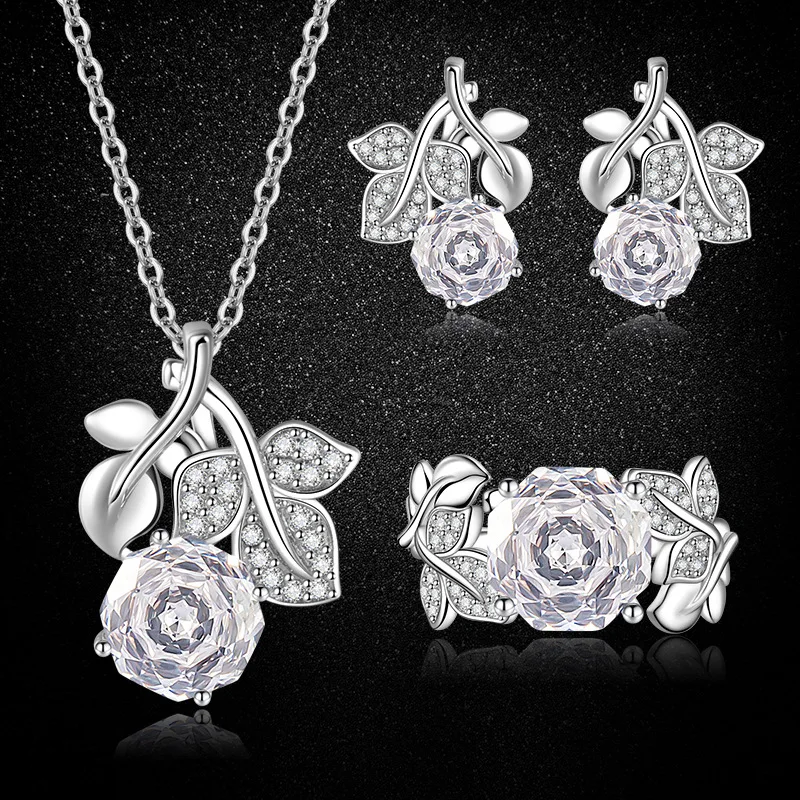 

S925 Sterling Silver 3‑Piece Set, White Cubic Zirconia Millennium Rose Cut Ring Earrings Pendant