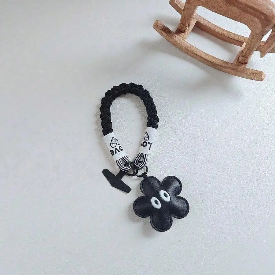 

PU Leather Black Flower Pendant Lanyard For Phone Bag Cup Camera Wristband